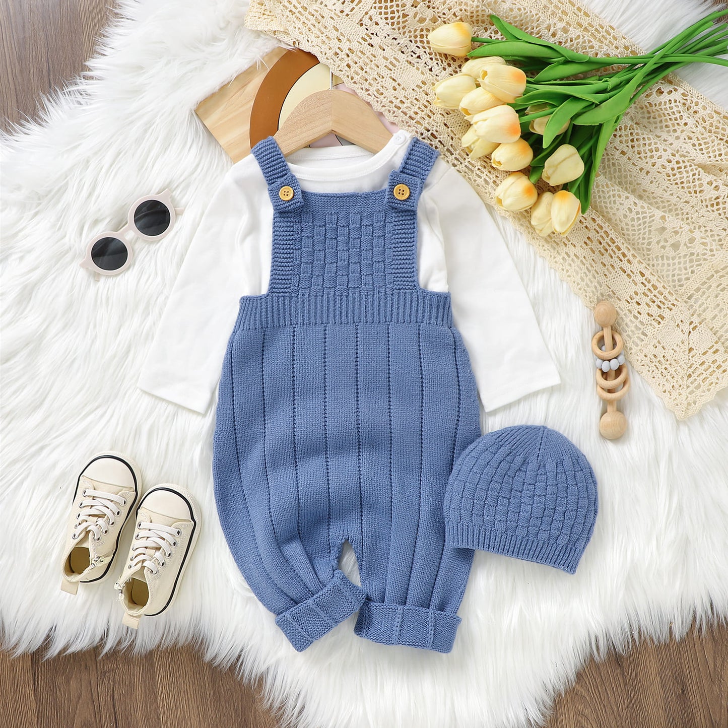 Baby Sweater Jumpsuit Overalls with Knit Hat