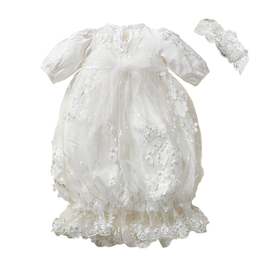 Newborn Baby Girl Baptism Christening Gowns with Headband Baptism Dresses