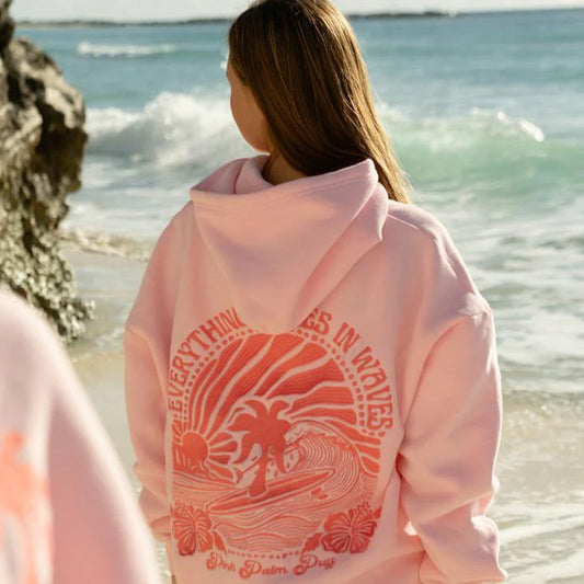 Embroidered Pink Palm Puff Everything Comes in Waves Oversized  Hoodie