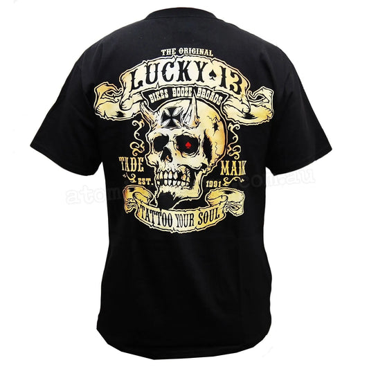 LUCKY 13 Bikers Booze Broads Skull Devil Tattoo Biker Punk Tattoo T Shirt